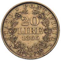 Pius IX 1846-1878, 20 lirów 1866, (AN XXI), Rzym, Berman 3333, Fr. 280, złoto 6.43 g