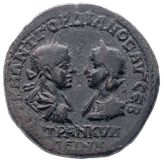 TRACJA-Anchialos, Gordian III i Trankilina 238-244, AE-25, Aw: Popiersia zwrócone do siebie i napis, Rw: Stojąca Tyche i napis, Imhoof-Blumer 676, 12.04 g, patyna