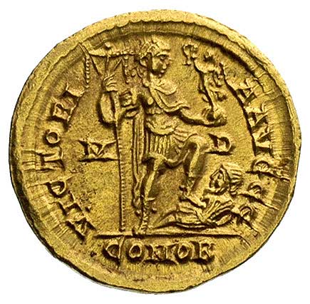 Arkadiusz 383-408, solidus, Mediolan, Aw: Popiersie w diademie w prawo i napis w otoku, Rw