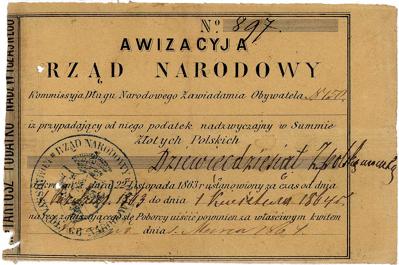 awizacja Rządu Narodowego na 90 złotych. 1.03.1863, pieczątka Rządu Narodowego