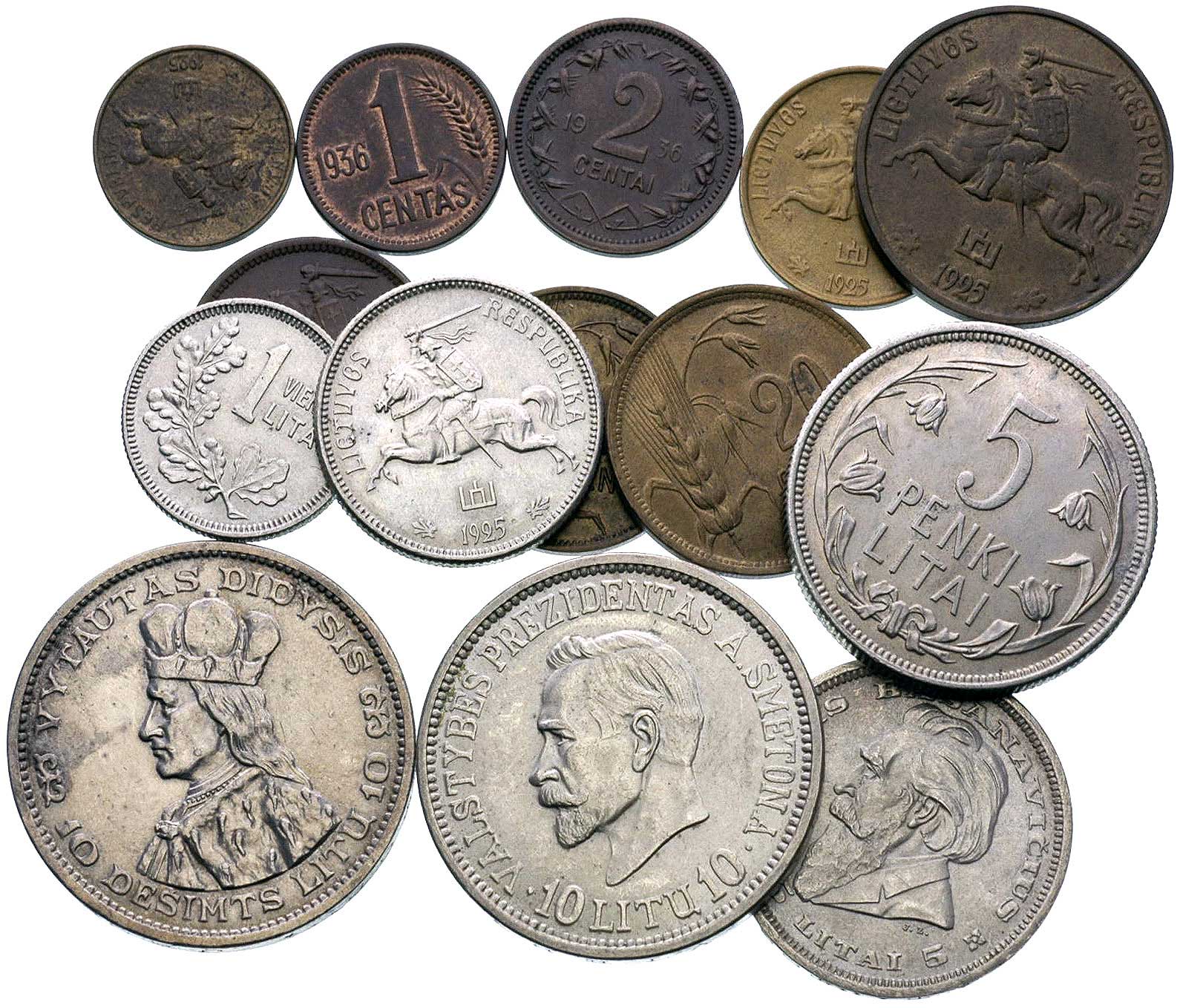 zestaw monet Litwy (w tym 6 srebrnych): 10 litu 1936, 1938, 5 litai 1925, 1936, 2 litu 1925, 1 litas 1925, 50 centu 1925, 20 centu 1925, 10 centu 1925, 5 centai 1925, 1936, 2 centas 1936, 1 centas 1925 i 1936, razem 14 sztuk, komplet