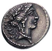 Man. Acilius Glabrio 49 pne, denar, Aw: Głowa Salus w wieńcu, za nią napis SALVTIS, Rw: Stojąca Sa..