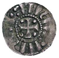 denar 1020-25 r, Aw: Krzyż i imitacja napisu, Rw: Figura geometryczna w kształcie krzyża ułożonego..