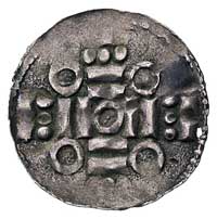 denar 1020-25 r, Aw: Krzyż i imitacja napisu, Rw: Figura geometryczna w kształcie krzyża ułożonego..