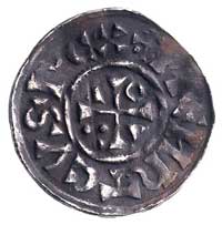 król Henryk II 1002- 1009- I okres, denar, Aw: Krzyżyk i napis, Rw: Kościół i napis, Hahn 27, 22 m..