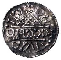 książę Henryk V Mozelski 1018-1026, denar, Aw: W krzyżu dwunitkowym tytulatura władcy, Rw: Kościół..