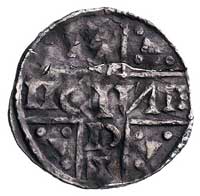 książę Henryk V Mozelski 1018-1026, denar, Aw: W krzyżu dwunitkowym tytulatura władcy, Rw: Kościół..