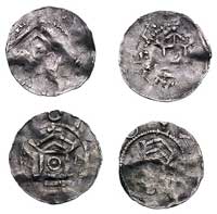 cesarz Otto III 983-1002 i król Henryk II 1002-1024, denary, Aw: Krzyż, w polu pastorał, Rw: Kapli..
