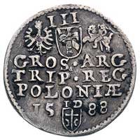 trojak 1588, Olkusz, odmiana z popiersiem króla jak na trojakach z tarczą czteropolową, litery ID ..