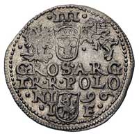 trojak 1596, Olkusz, kropki przedzielają herby Rzeczpospolitej i króla