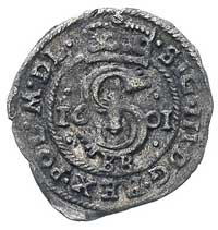 szeląg 1601, Bydgoszcz, pod monogramem królewskim litery BB, T. 7, rzadka i ładnie zachowana moneta