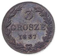 3 grosze 1837, nowe bicie petersburskie (1859 r), Plage 185 (R), Bitkin H 1200 (R2), delikatna pat..