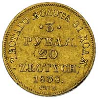 3 ruble = 20 złotych 1838, Petersburg, Plage 307, Bitkin 1079, Fr. 111, złoto, 3,85 g