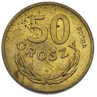 50 groszy 1957, na rewersie wklęsły napis PRÓBA, mosiądz, Parchimowicz P-210 b, wybito 100 sztuk