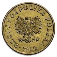 5 groszy, 1949, na rewersie wklęsły napis PRÓBA, mosiądz, Parchimowicz P-203 b,wybito 100 sztuk