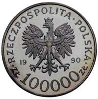 100.000 złotych 1990, Solidarność, bez napisu PRÓBA, lustrzanka bita w USA, srebro 31.25 g, Parchi..
