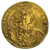 dwudukat 1697, Szczecin, Aw: Popiersie, Rw: Insygnia koronne, Ahlström 60, Fr. 2117, złoto, 6.95 g..
