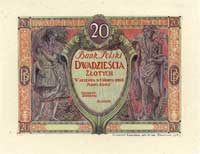 20 złotych 1.03.1926, próba kolorystyki strony głównej banknotu z pracowni E. Gaspé w Paryżu, papi..