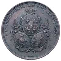 dar Kurlandii dla Rzeczypospolitej- medal autorstwa J. F. Holzhaeussera 1774 r., Aw: Trzy owalne t..