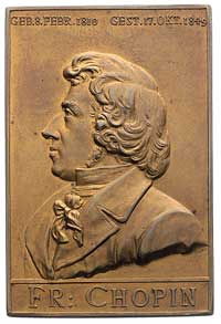 Fryderyk Chopin- plakieta brązowa autorstwa Lauera; Popiersie w lewo, u dołu napis, u góry daty ur..