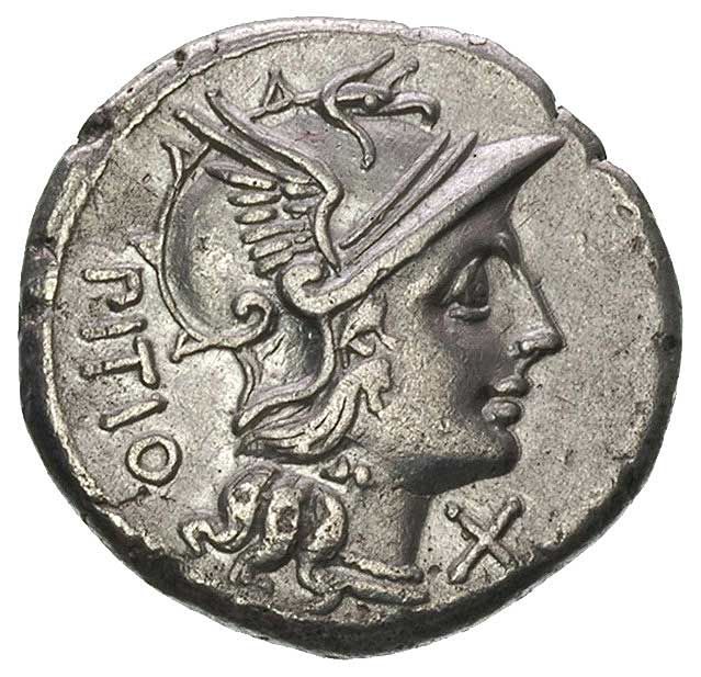 L. Sempronius Pitio 148 pne, denar, Aw: Głowa Romy w prawo, z prawej X, za nią z lewej PITIO, Rw: Diosku- rowie na koniach w prawo, niżej napis L. SEMP., w odcinku ROMA, Sear Sempronia 2, Craw. 216/1, 3.88 g