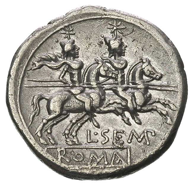 L. Sempronius Pitio 148 pne, denar, Aw: Głowa Romy w prawo, z prawej X, za nią z lewej PITIO, Rw: Diosku- rowie na koniach w prawo, niżej napis L. SEMP., w odcinku ROMA, Sear Sempronia 2, Craw. 216/1, 3.88 g