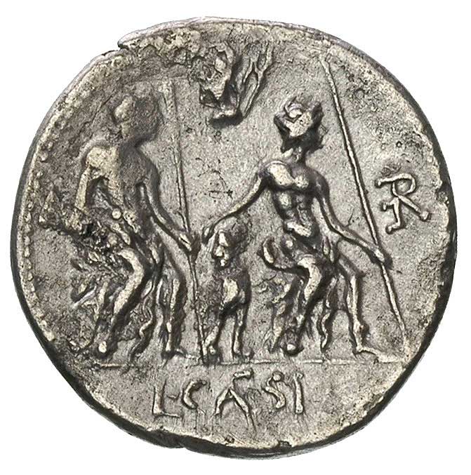 Lucius Caesius 112-111 pne, denar, Aw: Popiersie młodego Vejovisa trzymającego wiązkę piorunów widziane od tyłu, za nim monogram ROMA, Rw: Dwie Lary siedzące w prawo, między nimi pies, w odcinku napis L. CAES, Sear Caesia 1, Craw. 298/1, 3.80 g