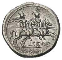 L. Sempronius Pitio 148 pne, denar, Aw: Głowa Romy w prawo, z prawej X, za nią z lewej PITIO, Rw: ..