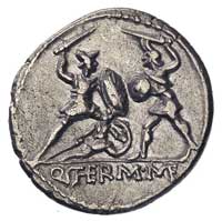 Q. Termus M f, 103 pne, denar, Aw: Głowa Marsa w lewo, Rw: Dwaj walczący żołnierze, ten z lewej os..