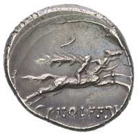 C. Piso L. f. Frugi 67 pne, denar, Aw: Głowa Apollina w lewo, za nią litera I, Rw: Nagi jeździec z..
