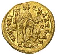 Honoriusz 393-423, solidus, Rawenna, Aw: Popiersie w zbroi, z diademem na głowie w prawo, napis D ..