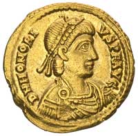 Honoriusz 393-423, solidus, Rawenna, Aw: Popiersie w zbroi, z diademem na głowie w prawo, napis D ..