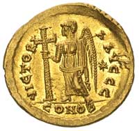Marcjan 450-457, solidus, Konstantynopol, Aw: Popiersie w zbroi i hełmie na wprost, napis D N MARC..