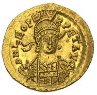 Leon I 457-474, solidus, Konstantynopol, Aw: Popiersie w zbroi i hełmie na głowie na wprost i napi..