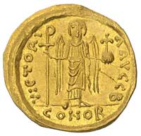Maurycy Tyberiusz 582-602, solidus, Antiochia, Aw: Popiersie w zbroi i hełmie na wprost i napis D ..