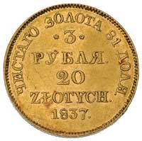 3 ruble = 20 złotych 1837, Warszawa, Plage 304, Bitkin 1127 (R2), Fr. 113, w cenniku Berezowskiego..