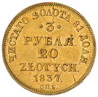 3 ruble = 20 złotych 1837, Petersburg, Plage 305, Bitkin 1078 (R), Fr. 111, złoto, 3.93 g, ładny e..