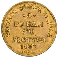 3 ruble = 20 złotych 1837, Petersburg, Plage 305, Bitkin 1078 (R), Fr. 111, złoto, 3.87 g, ładne l..