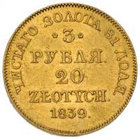 3 ruble = 20 złotych 1839, Warszawa, Plage 308, Bitkin 1128 (R3), Fr. 113, złoto, 3.89 g, bardzo r..