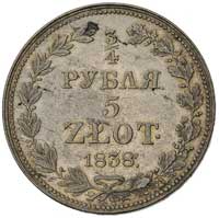3/4 rubla = 5 złotych 1838, Warszawa, Plage 360, Bitkin 1144, drobna wada blachy, ładnie zachowane..