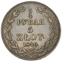3/4 rubla = 5 złotych 1840, Warszawa, duże cyfry daty, Plage 365, Bitkin 1147, patyna
