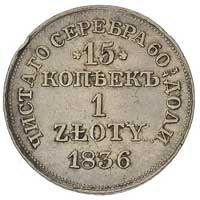 15 kopiejek = 1 złoty 1836, Warszawa, w ogonie Orła 9 piór, herb Św. Jerzego nieco większy, bez kr..