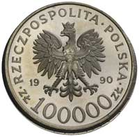 100.000 złotych 1990, Solidarność, Parchimowicz 619 a, srebro, 31.21 g, destrukt menniczy, bardzo ..