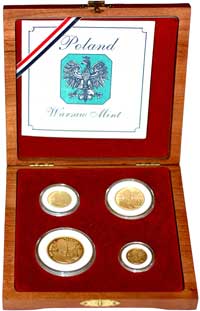 komplet złotych monet próbnych w drewnianym etui zawierającym: 200.000 złotych, 100.000 złotych, 5..