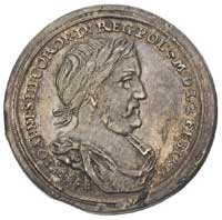 Jan III Sobieski, żeton koronacyjny 1676, Aw: Popiersie w wieńcu w prawo i napis w otoku. Rw: Ręka..