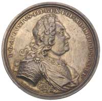 August III- medal koronacyjny autorstwa H.P. Groskurta 1734 r., Aw: Popiersie króla w peruce i zbr..