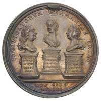 pokój drezdeński- medal autorstwa Vestnera 1745 r., Aw: Na trzech postumentach popiersia Augusta I..