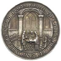 medal chrzcielny autorstwa Jana Buchheima, Aw: Półpostać cierpiącego Chrystusa i napis gotycką min..