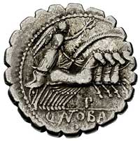 Q. Antonius Balbus 83-82 pne, denar serratus, Aw: Głowa Jupitera w prawo, Rw: Victoria w kwadrydze..