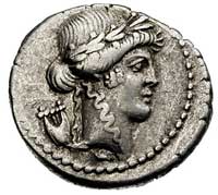 P. Clodius M. f. Turrinus ok. 42 pne, denar serr